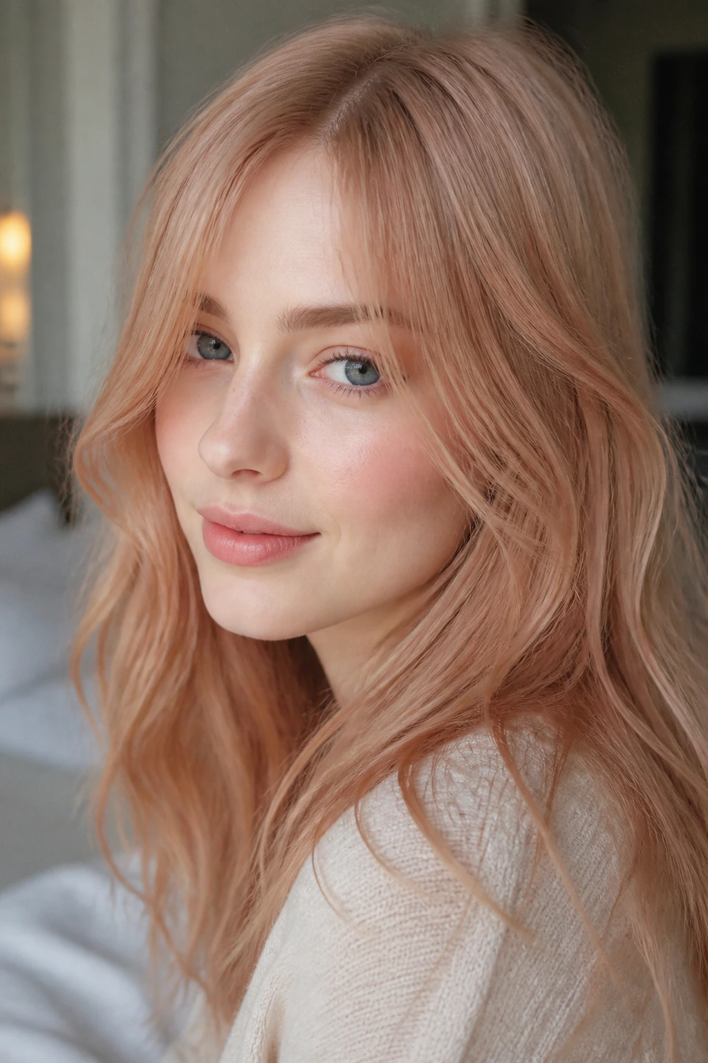 Close-up of a real woman with beige blonde base and sheer rose-peach gloss in soft bedroom light