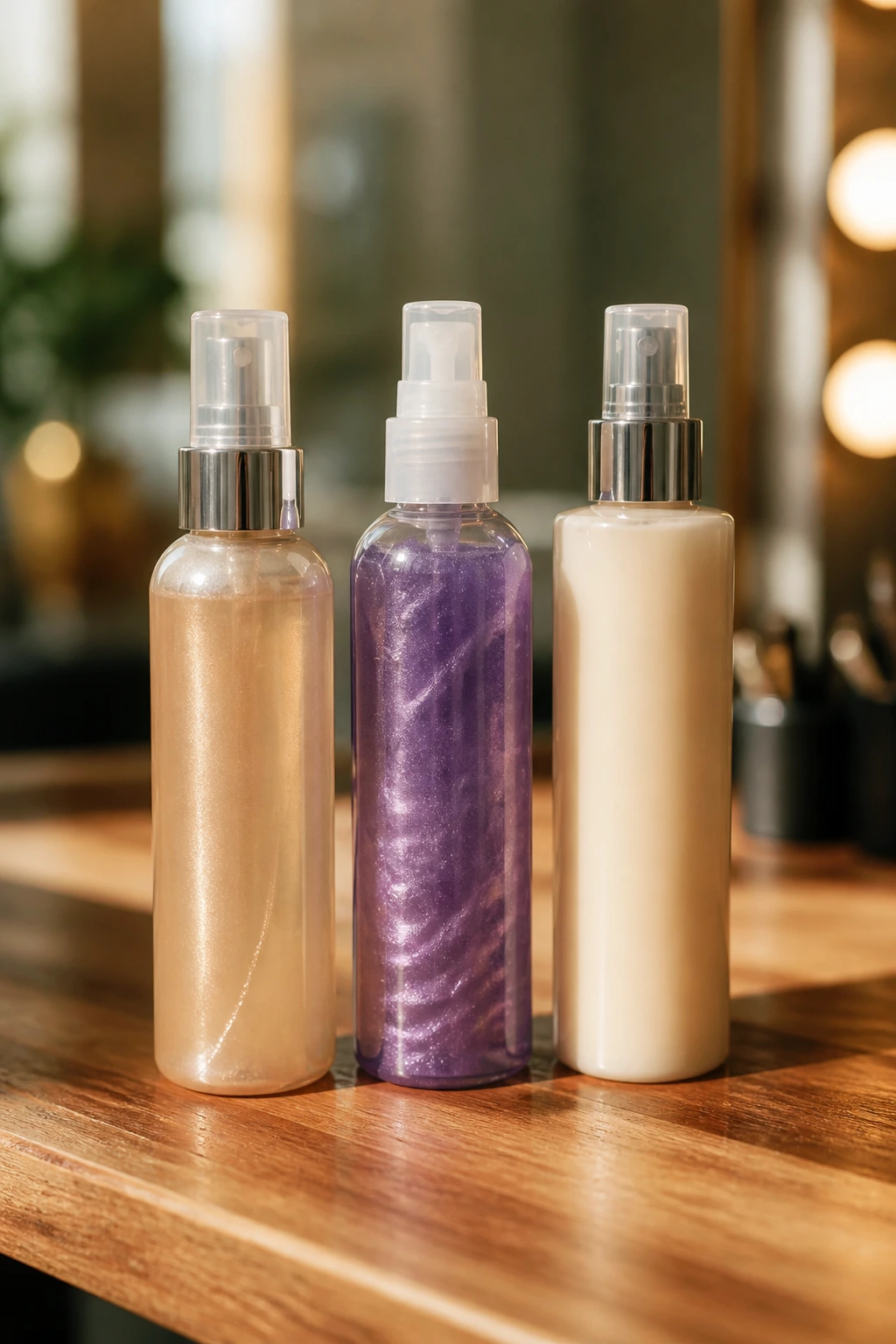 Close-up of shine and tone booster bottles on a wooden surface