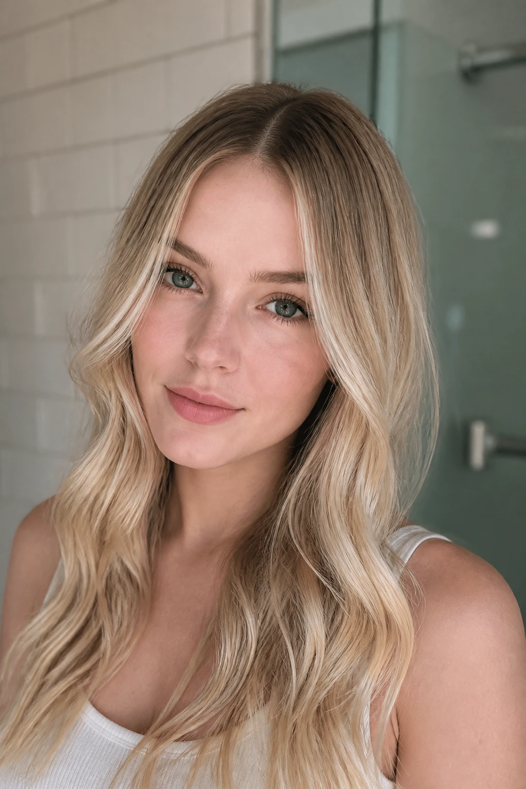 Portrait of a blonde-haired person with glossy hair in a bathroom setting.