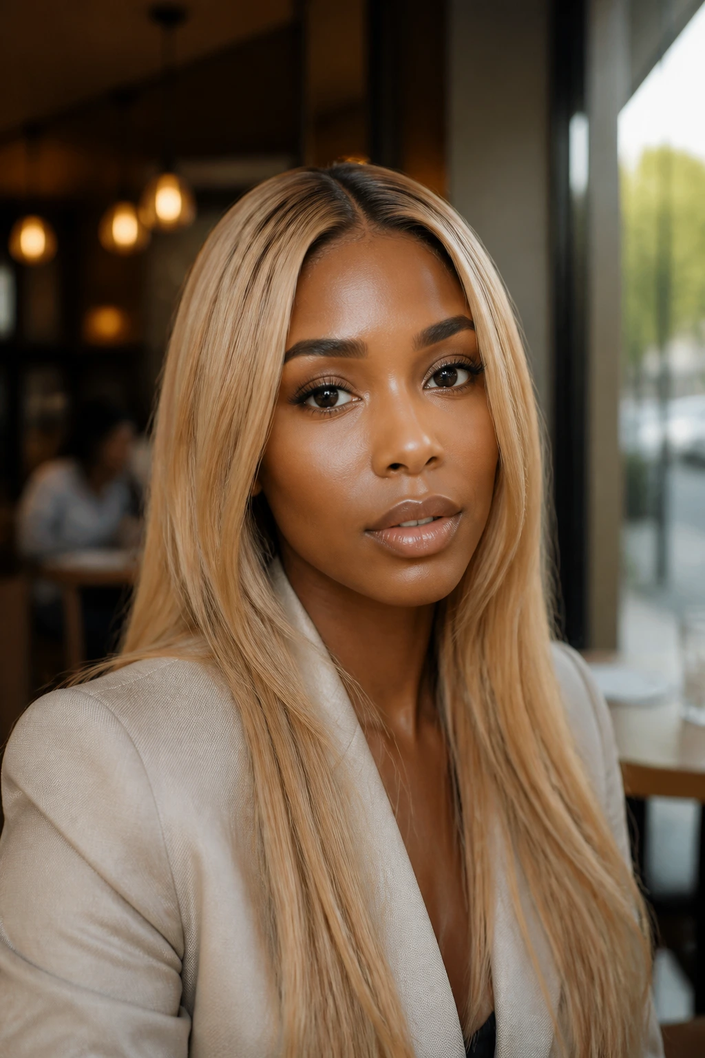 Portrait of a real woman with deep skin tone and long blonde hair in a center-part sleek look