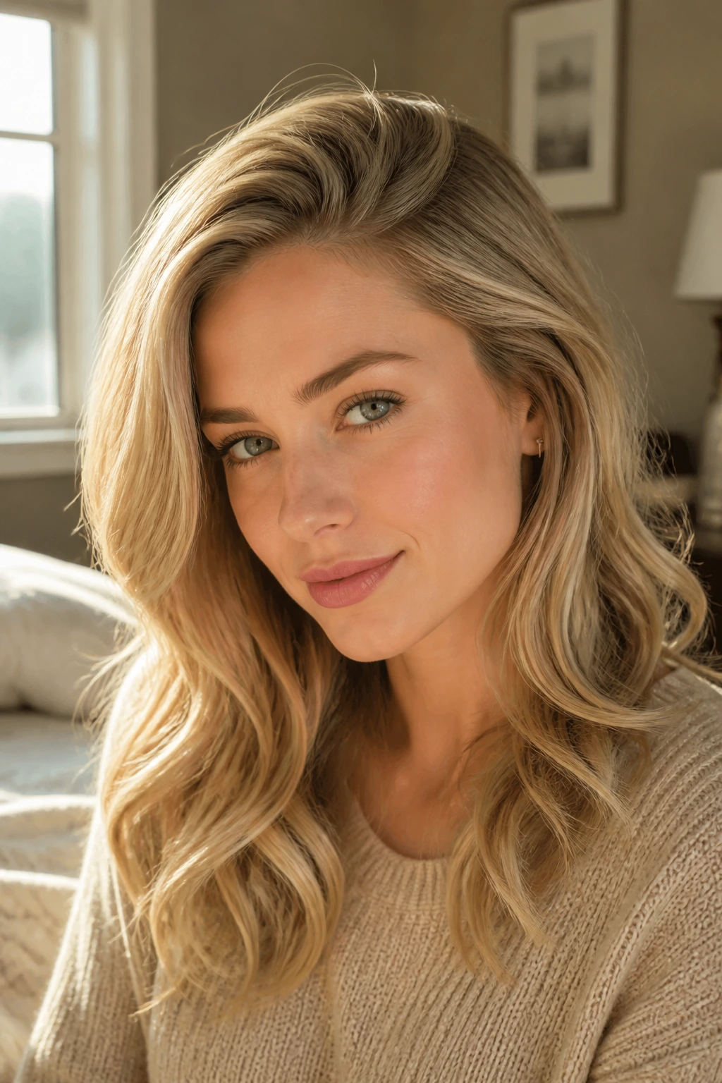 Close-up portrait of a real woman with blonde hair styled with volume and soft waves to appear fuller in warm bedroom light