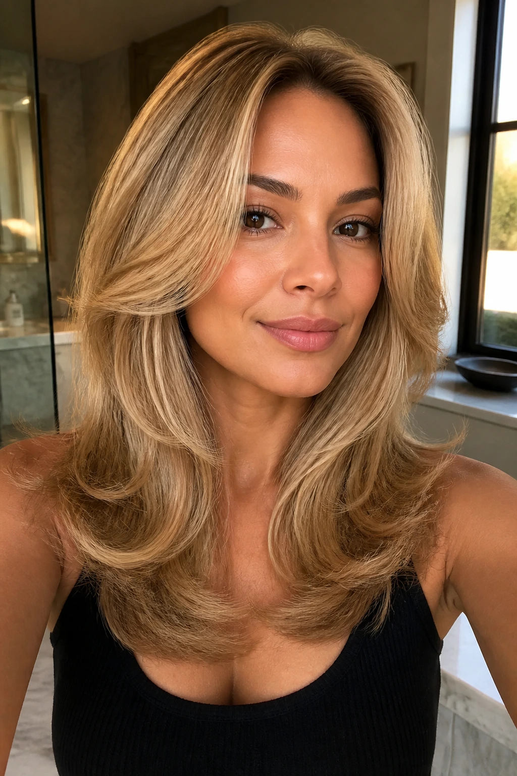 Close-up portrait of a real woman with golden blonde blowout layers, voluminous layers and shine.