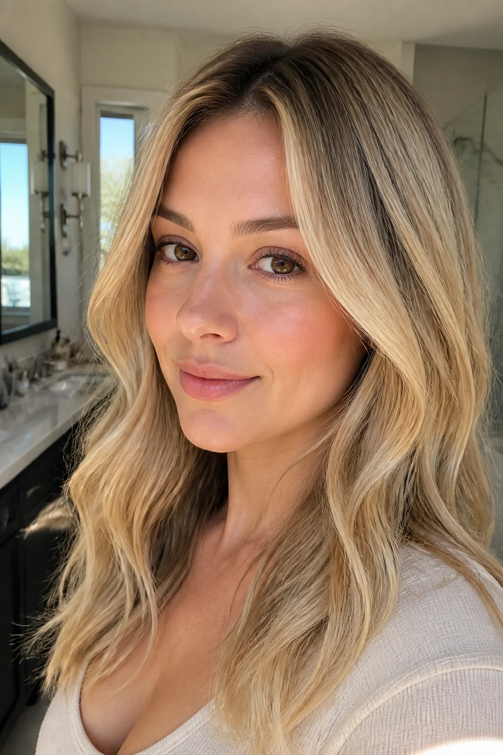 Close-up of a blonde-haired woman with subtle root shadow in a bright bathroom