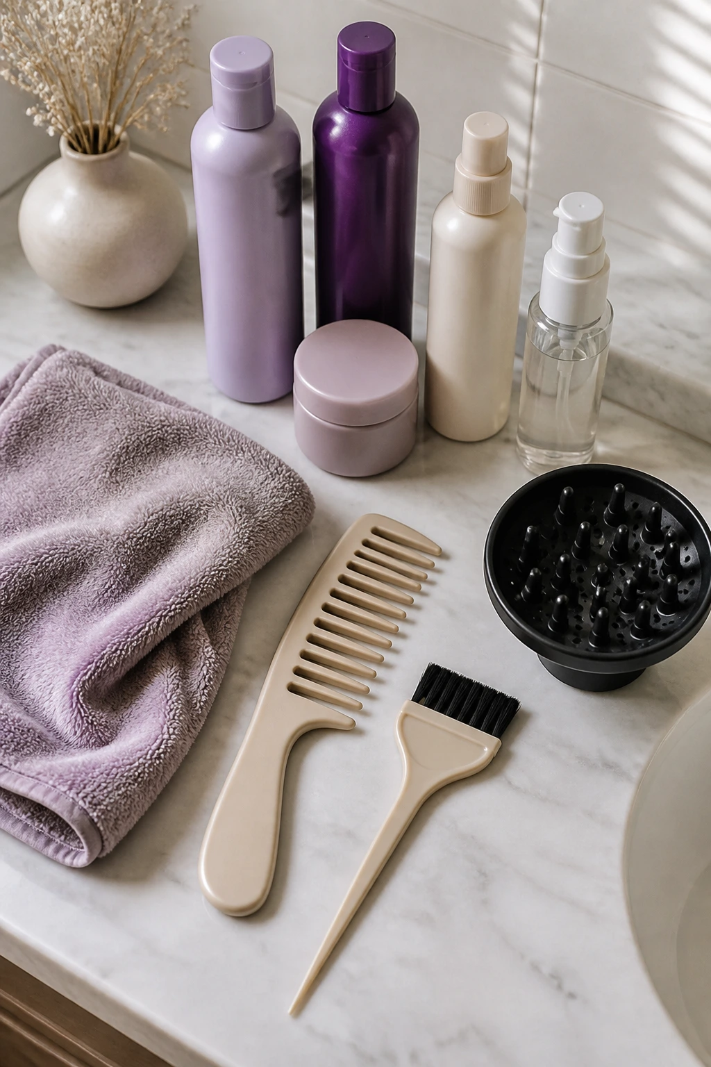 Flat-lay of unlabeled blonde hair tools on a bathroom counter
