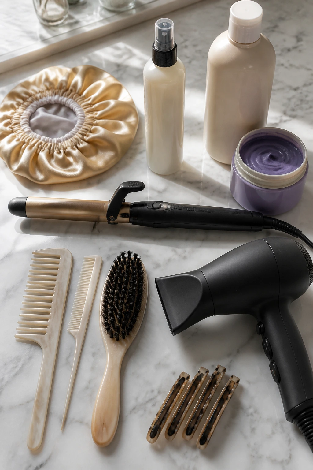 Close-up of essential hair styling tools for long blonde hair on a marble bathroom counter