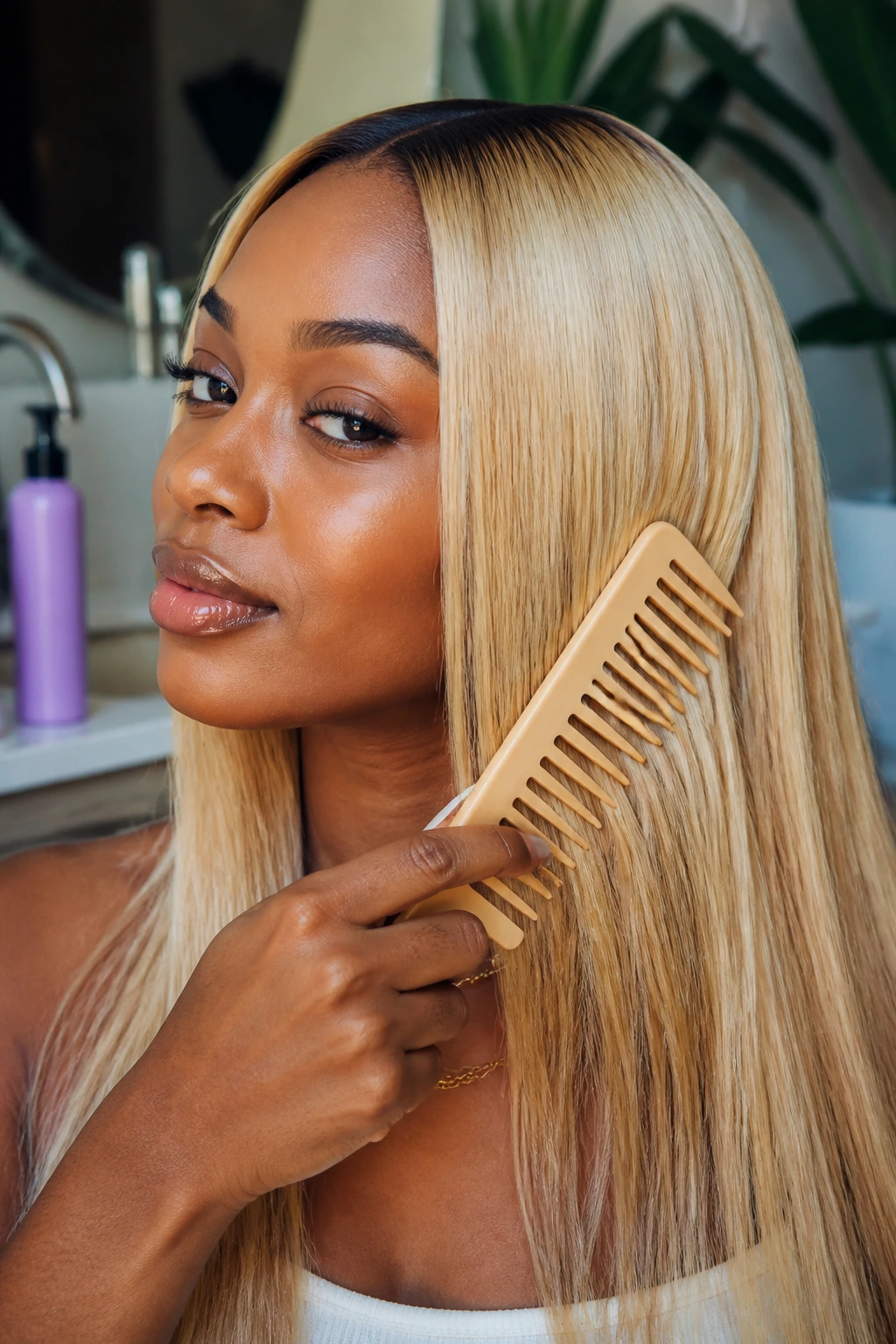 Close-up of a person with blonde hair holding a wide-tooth comb in a bathroom/salon setting.