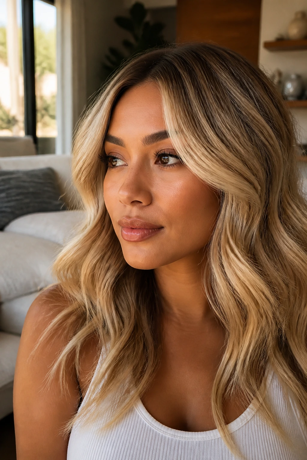 Real woman with soft wavy blonde hair lit by natural window light.