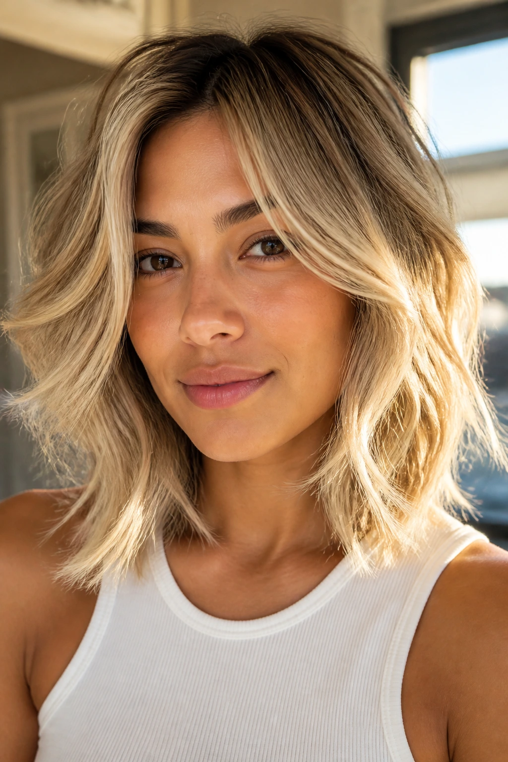 Portrait of a woman with soft blonde layered haircut showing movement around the face.