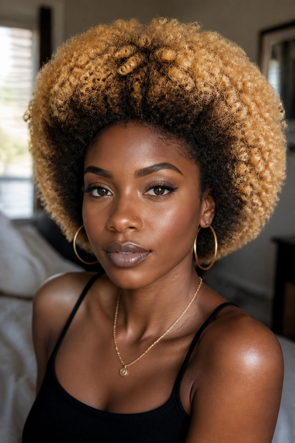 Close-up portrait of a real person with a warm blonde halo fro around the crown.