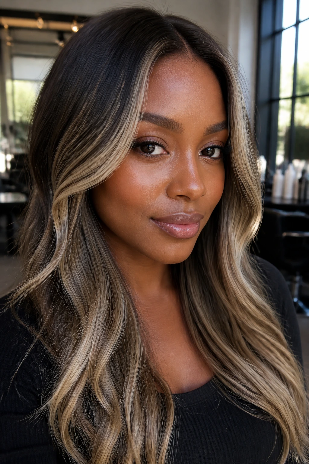Close-up portrait of a person with deep skin tone and cool blonde highlights around the face