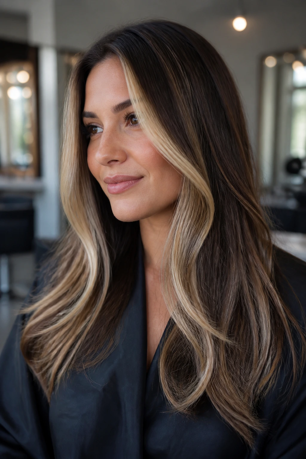 Brunette with refined blonde highlights around the face