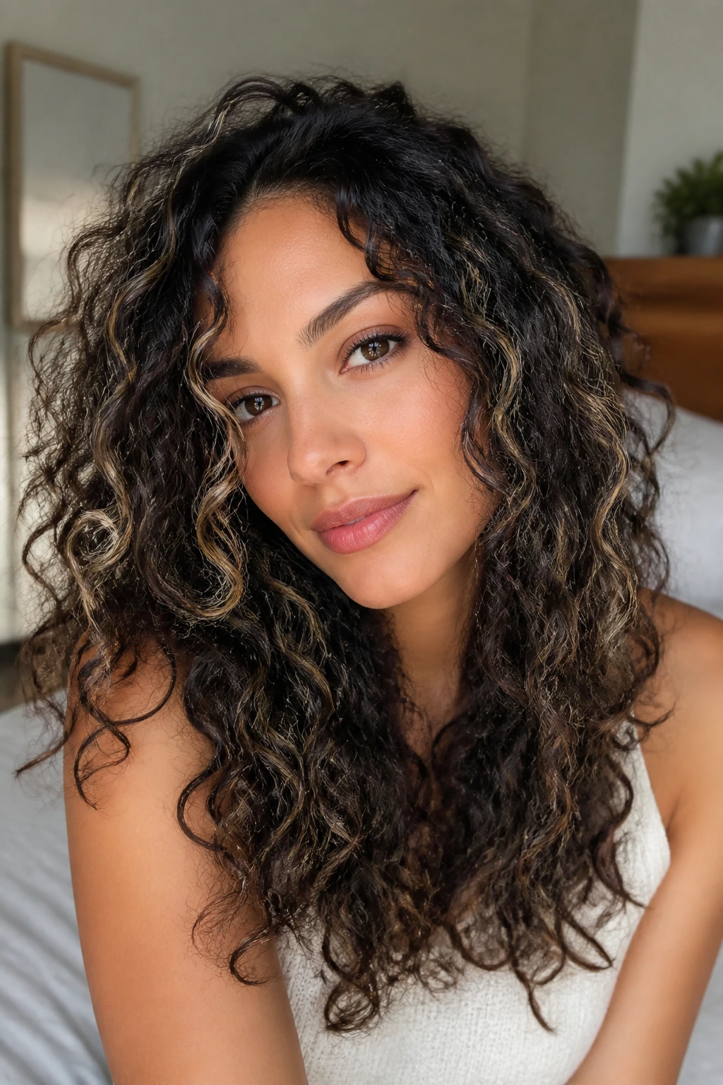 Close-up portrait of a real woman with dark curly hair and blonde highlights, showing how highlights read on curls
