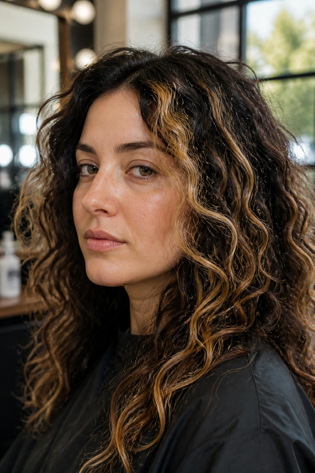 Close-up of a real person with dark curly hair showing uneven blonde highlights and brass undertone in a salon setting