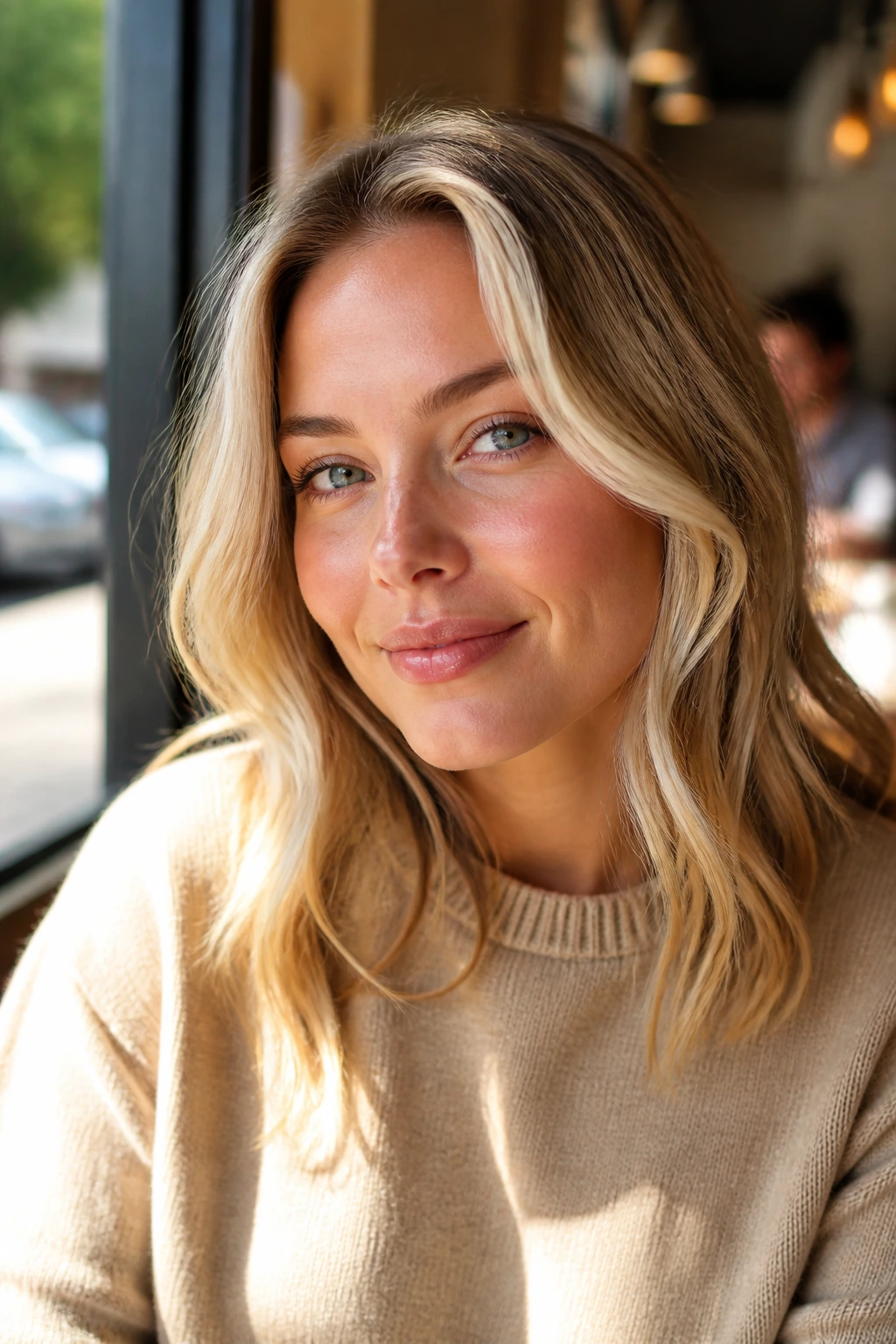 Portrait of a woman with blonde face-framing highlights that brighten the look in natural daylight