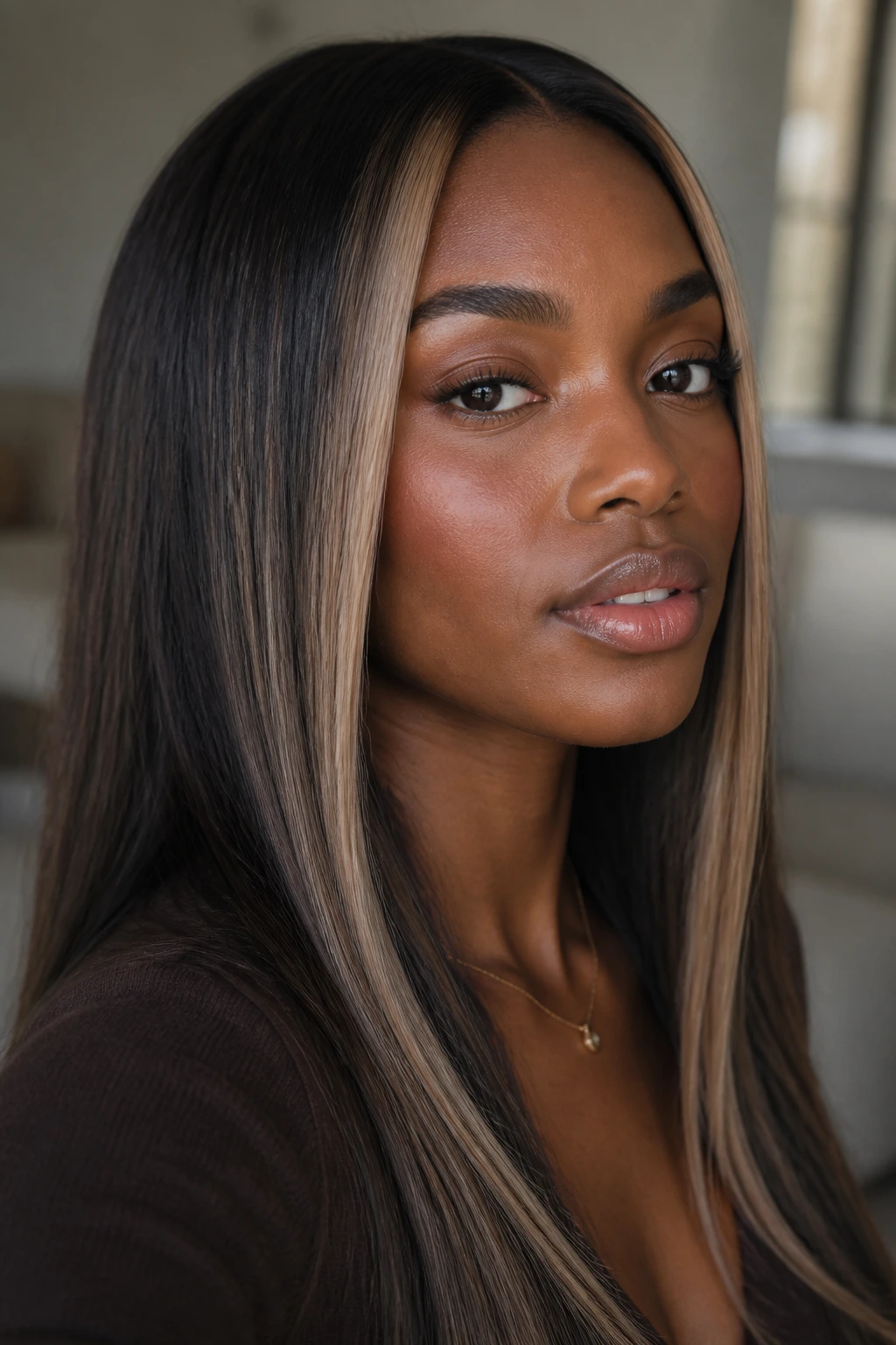 Portrait of a person with deep skin tone showing straight hair with delineated ash-blonde ribbons near the face