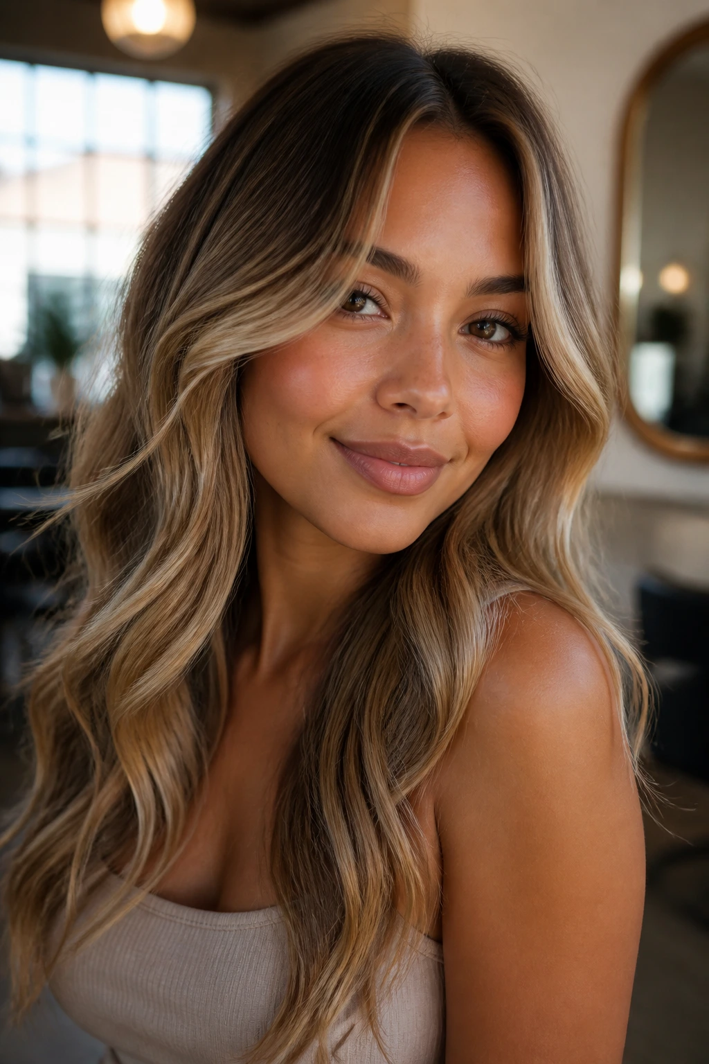 Close-up portrait of a tan-skinned woman with a heart-shaped face and warm beige honey blonde highlights