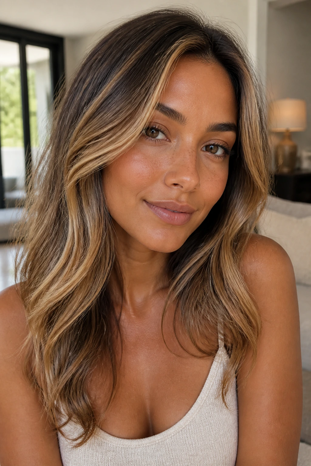 Close-up portrait of a real woman with warm blonde highlights on tan skin