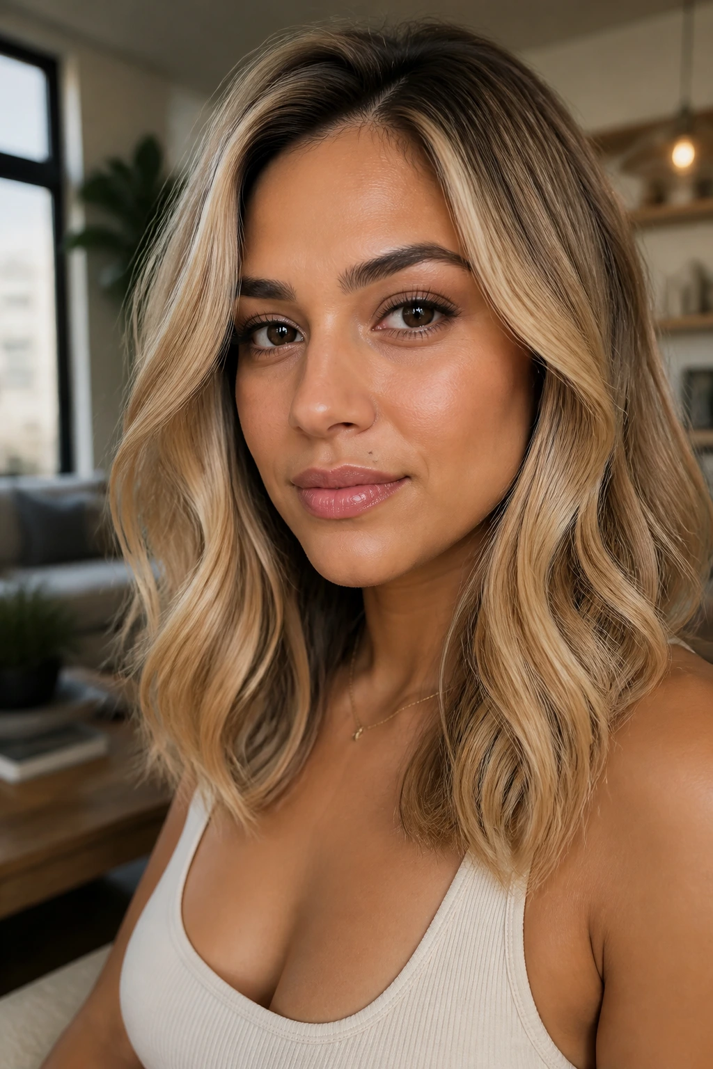 Portrait of a person with medium skin tone and blonde hair highlighting warm blonde ideas against medium skin