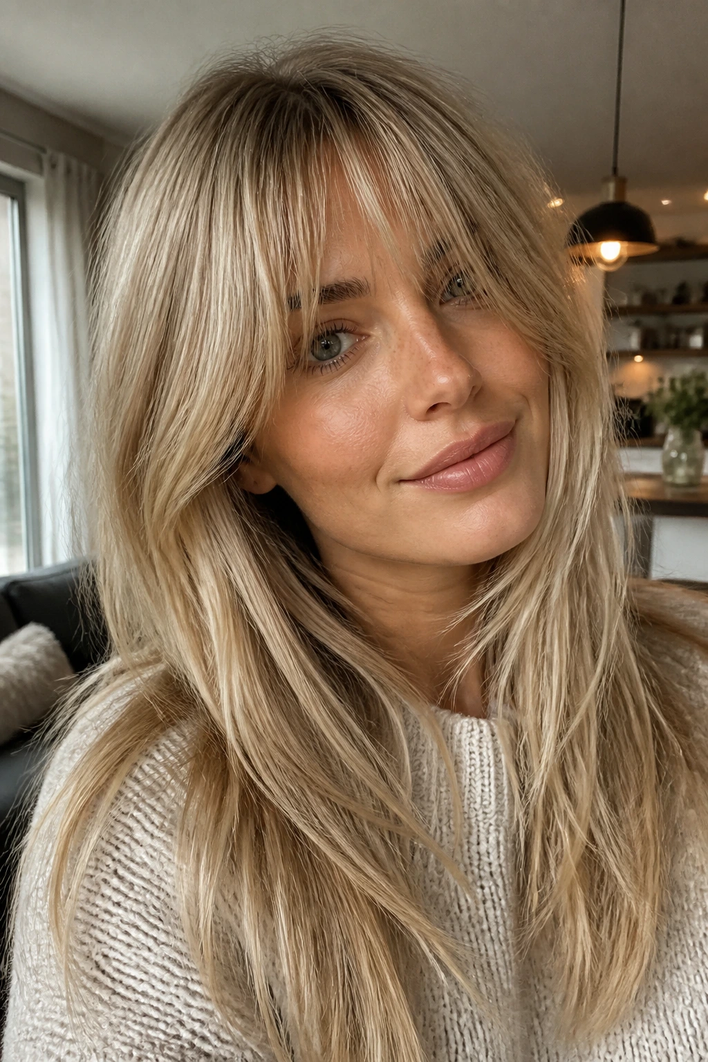 Portrait of a real woman with movement in blonde layered bangs framing the face