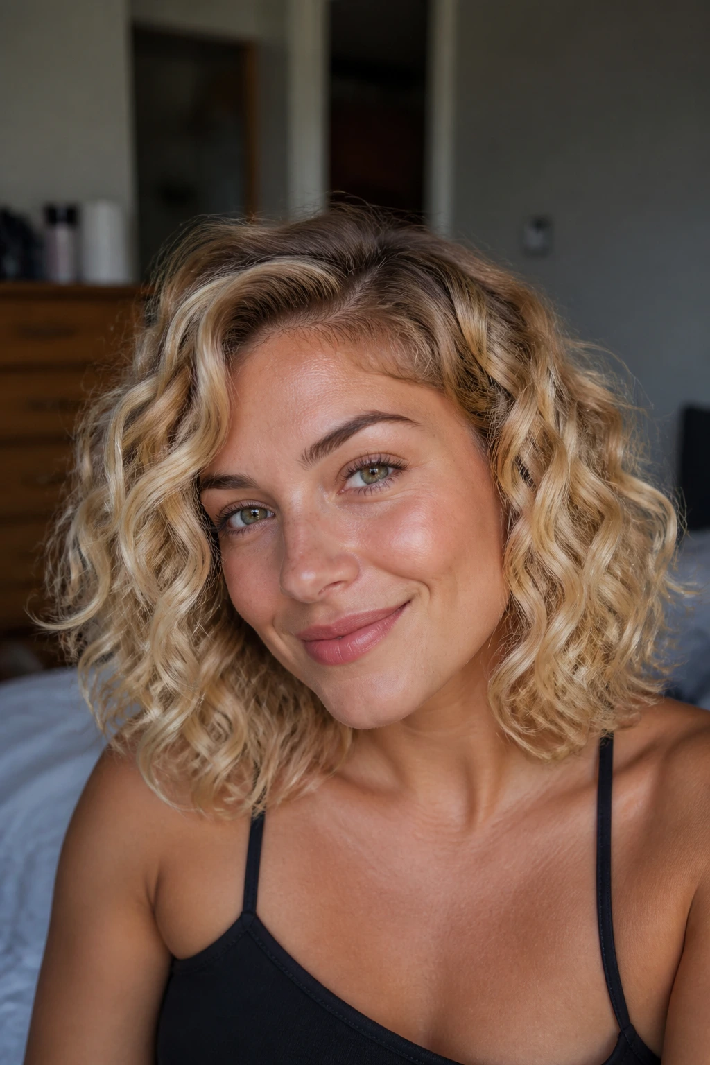 Close-up portrait of a real woman with a blonde lob at collarbone in warm window light