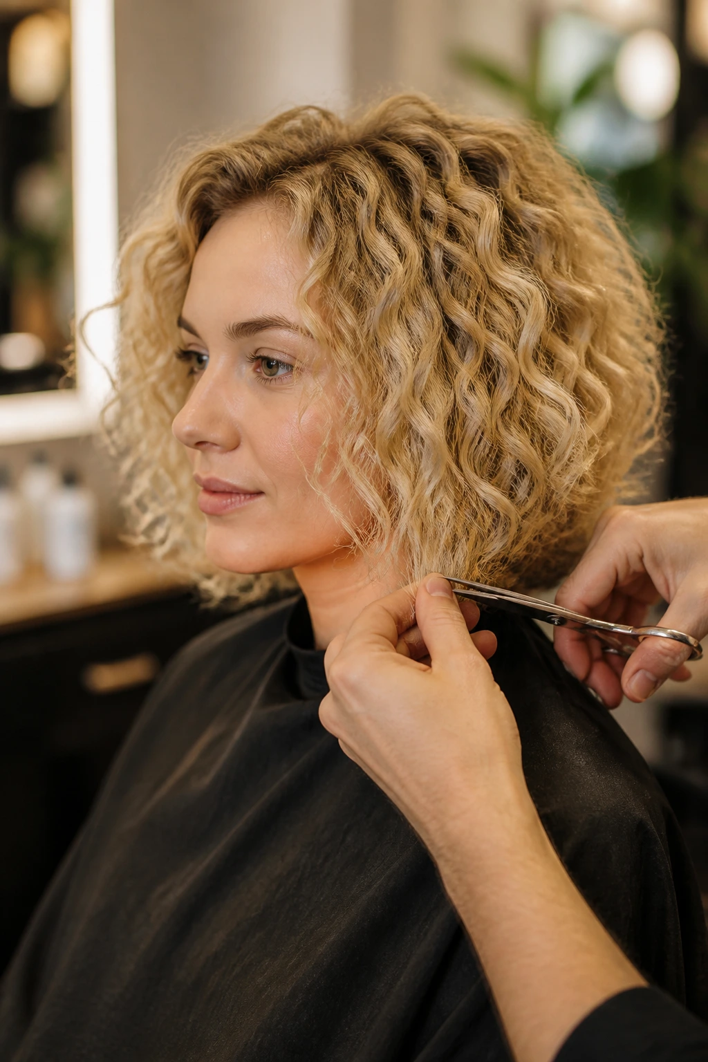 Close-up portrait of real woman with curly blonde lob during salon trim