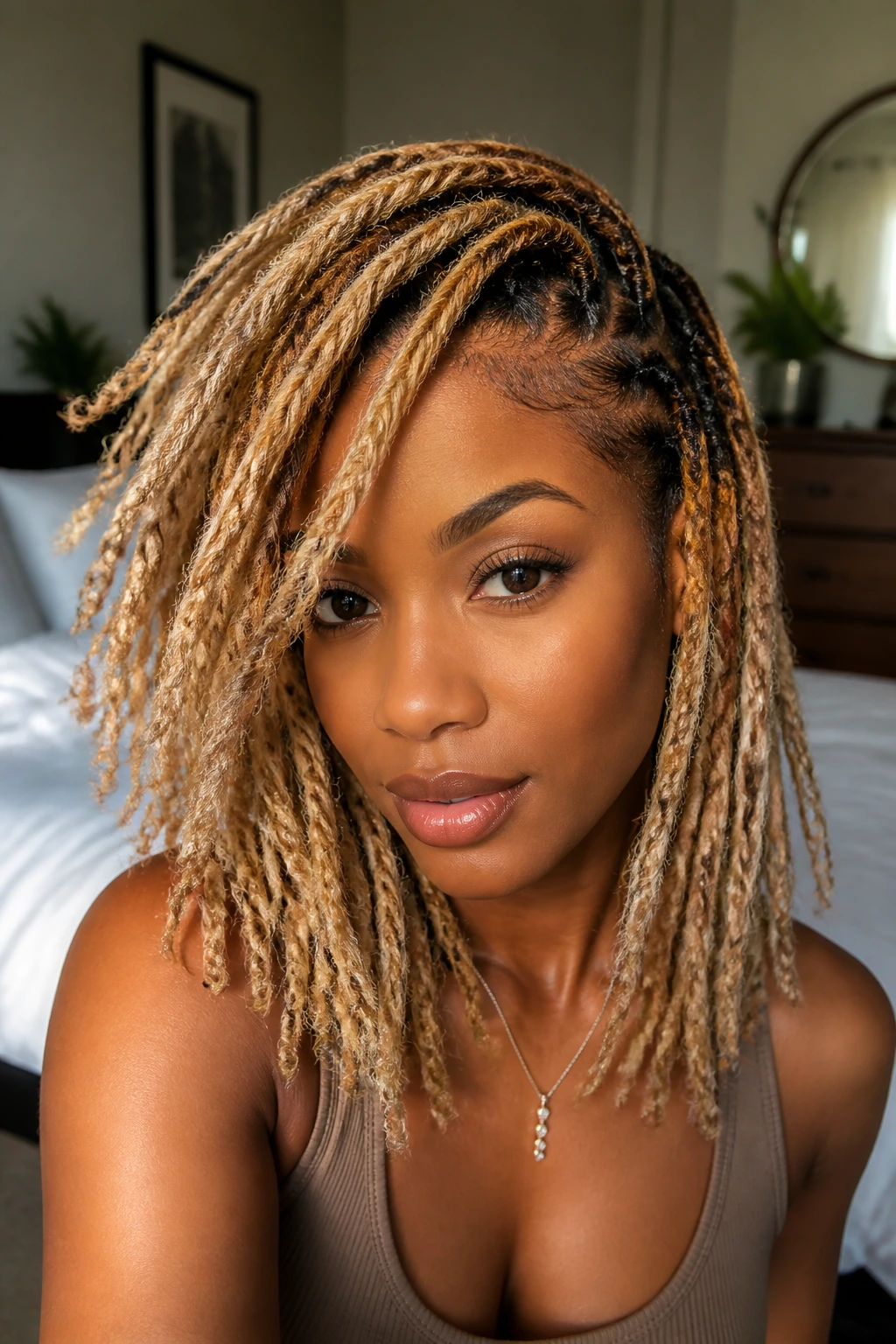 Close-up portrait of a real Black woman with blonde loc styles on fine hair, shoulder-length, natural window light
