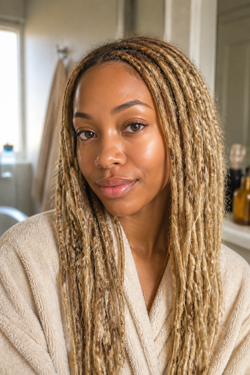 Close-up portrait of a real person with moisturized blonde locs