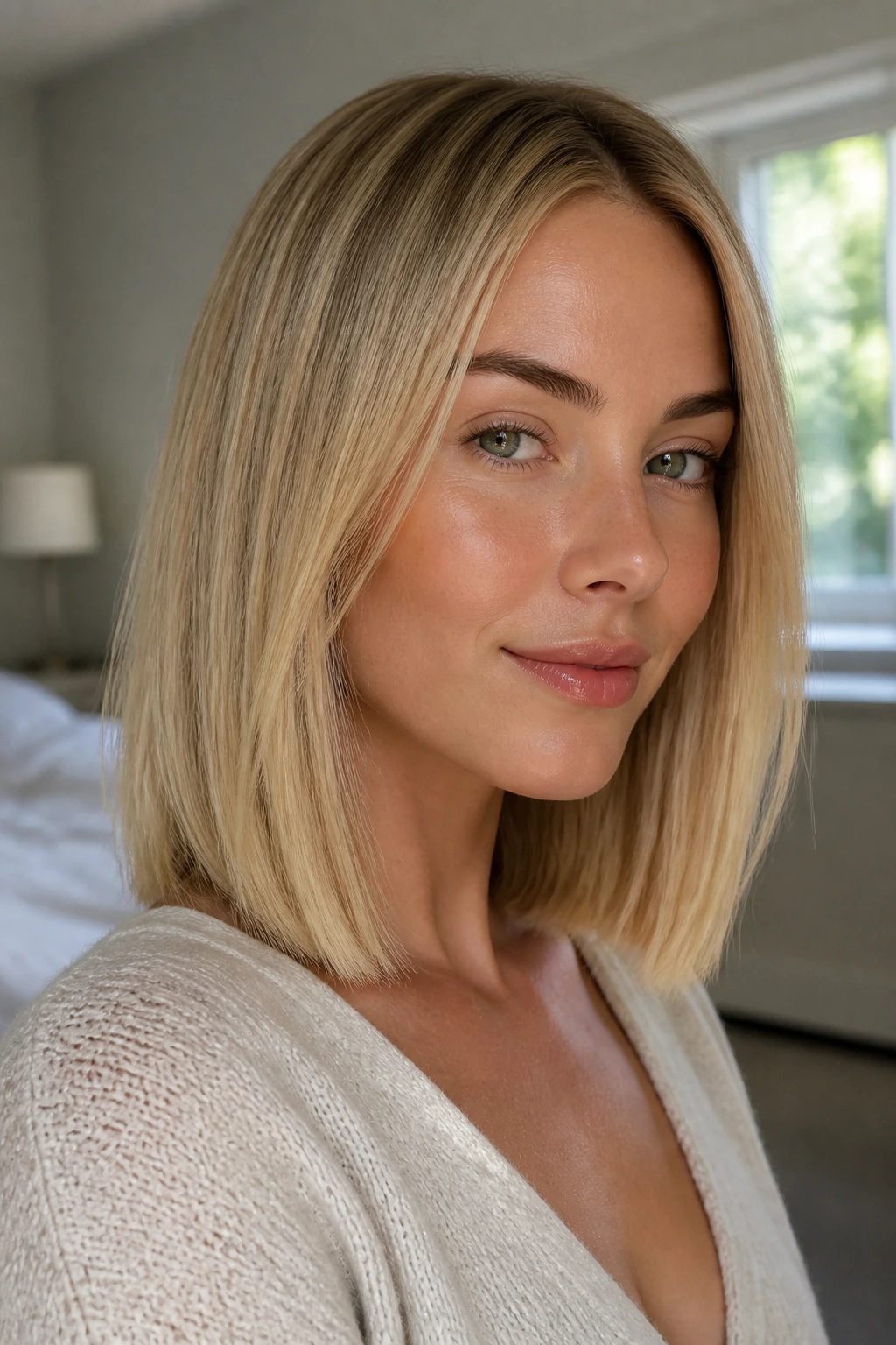 Portrait of a real woman with a collarbone-length blonde long bob highlighting a clean line