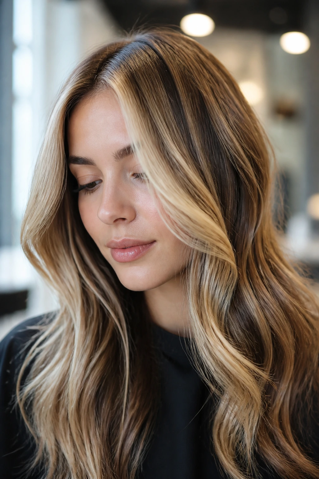 Portrait showing blonde tones with dark lowlights and natural toner