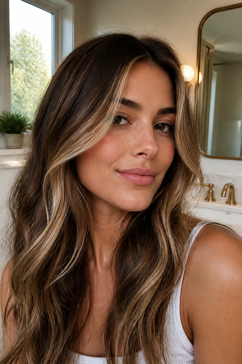Brunette with glossy blonde pieces and root shadow in a home bathroom