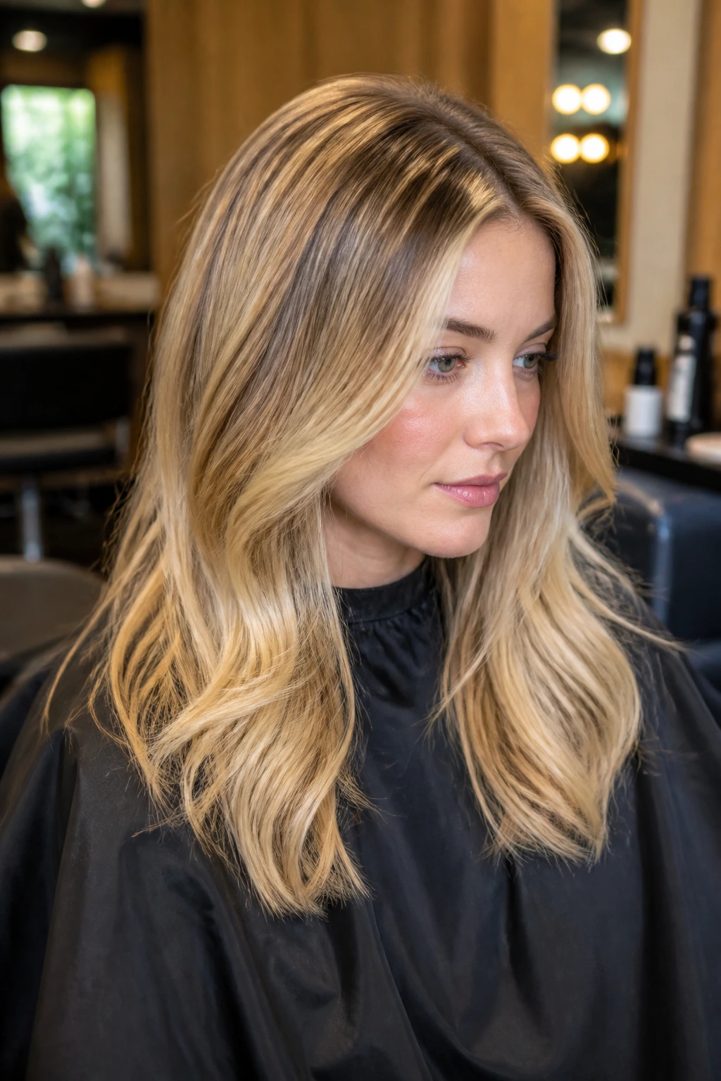 Portrait of a woman with warm blonde hair in a salon setting showing root shadow and gloss
