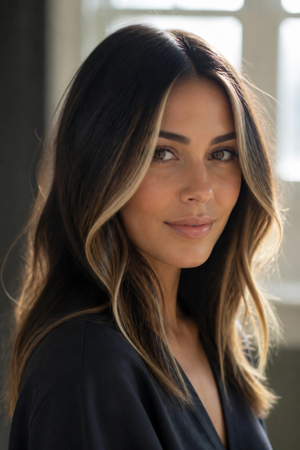 Close-up portrait of hair with blonde face-framing pieces against a dark espresso base