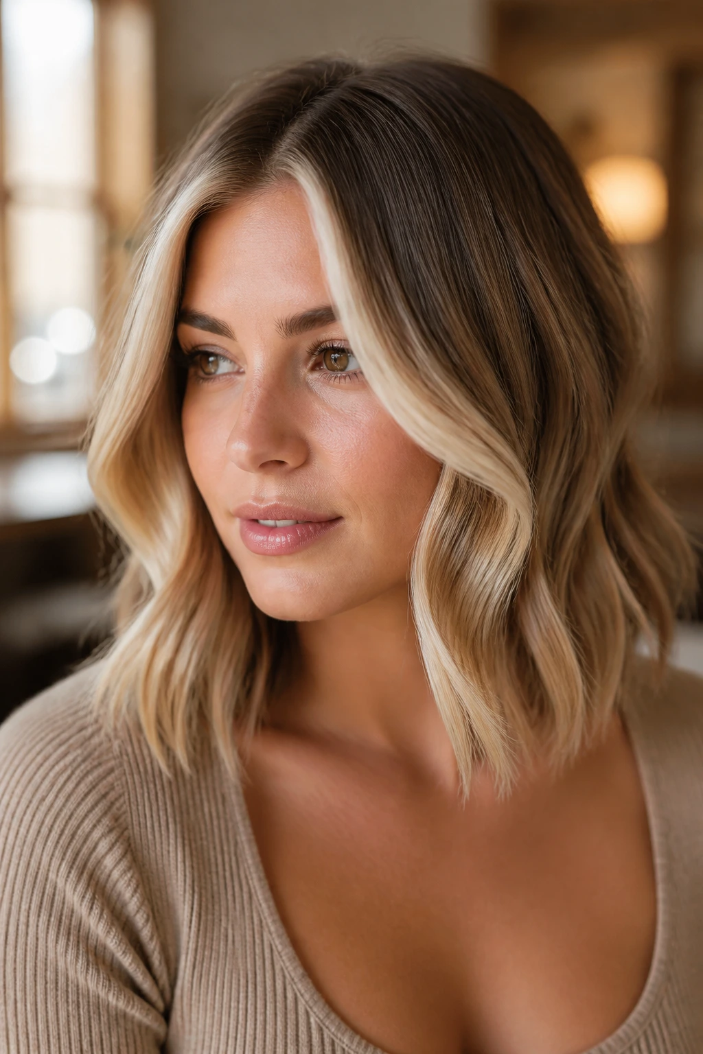 Close-up of a real woman with blonde hair featuring a lighter money piece, root melt, and blunt ends in warm window light