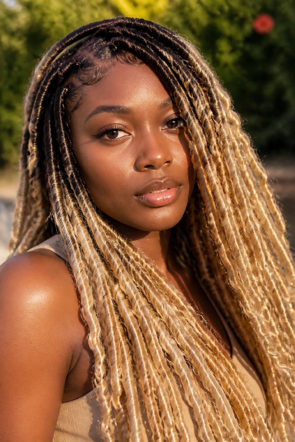 Close-up of a real person with blonde ombré goddess locs from dark roots to lighter ends.