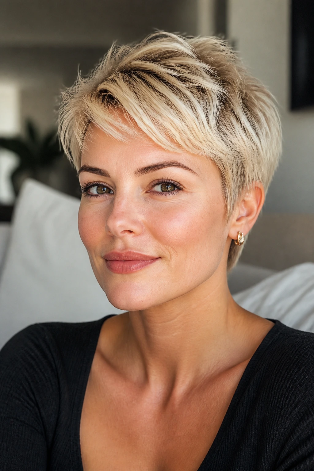 Portrait of a real woman with blonde pixie cut flattering a square face