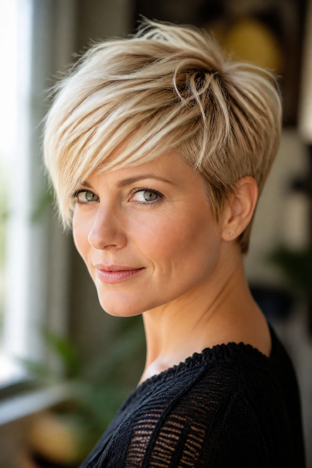 Blonde textured pixie with side-swept fringe on a real person