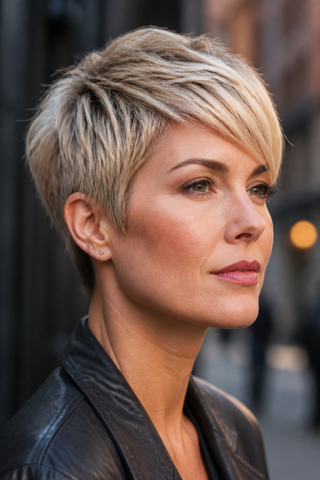 Real person with blonde pixie cut on square face showing movement and edge.