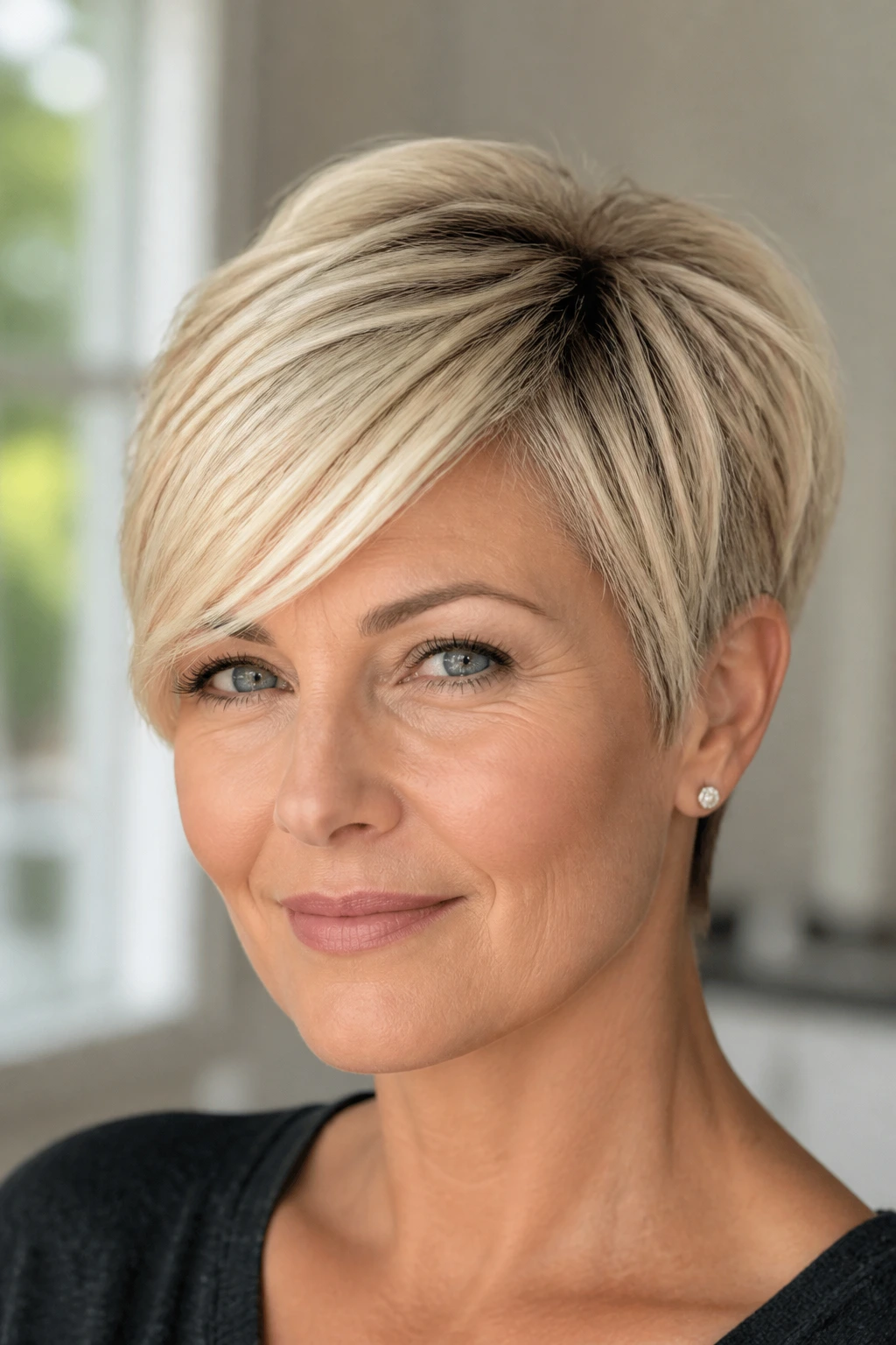 Close-up of a real woman with a blonde pixie and sweeping bangs