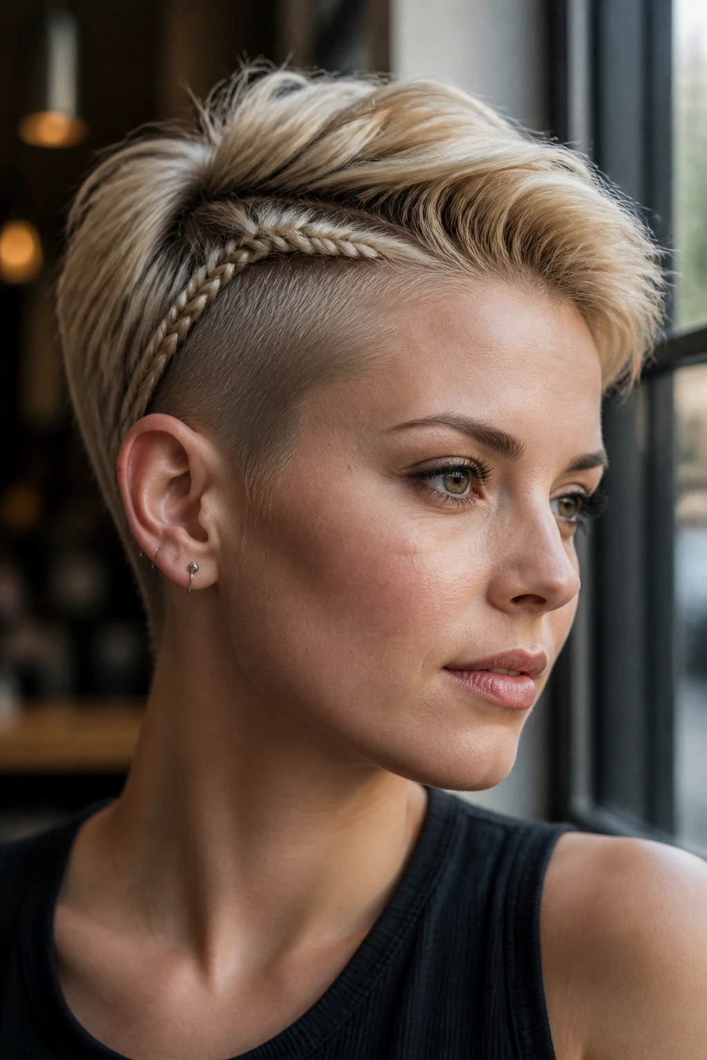 Portrait of a real woman with blonde pixie cut undercut and temple braid