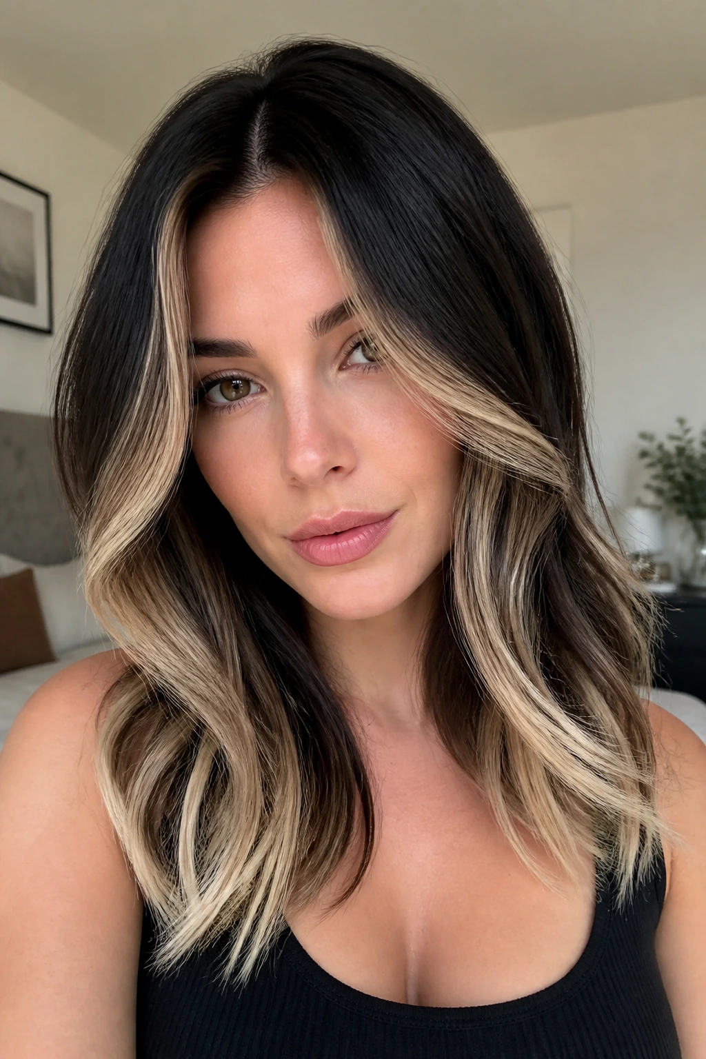 Portrait highlighting blonde placement on dark hair with face-framing pieces