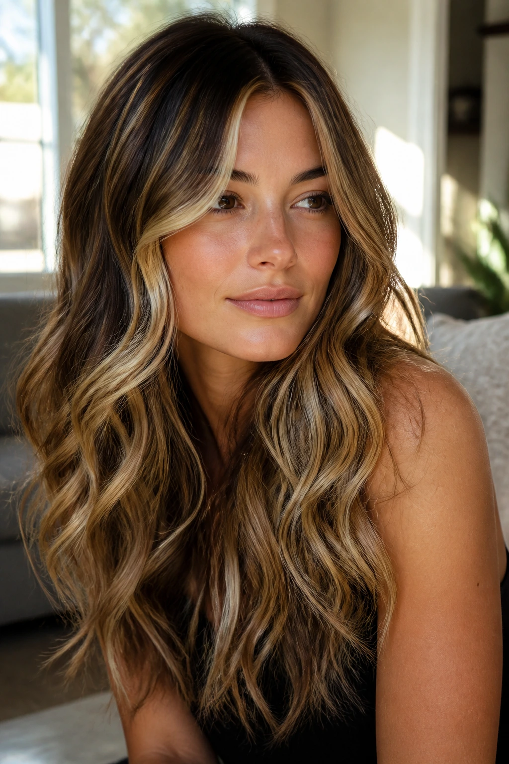 Portrait of a real woman with soft waves and blonde face-framing placement