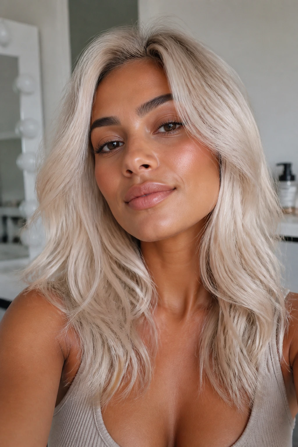 Real person with luminous platinum hair in a minimal vanity setting