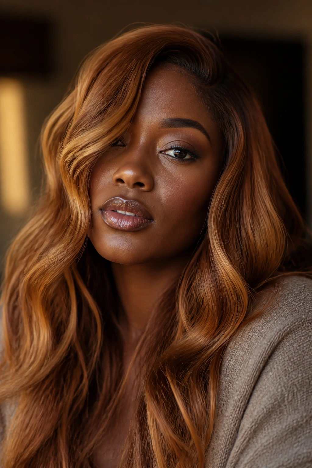 Close-up portrait of a real person with blonde-red hair on deep skin in natural light