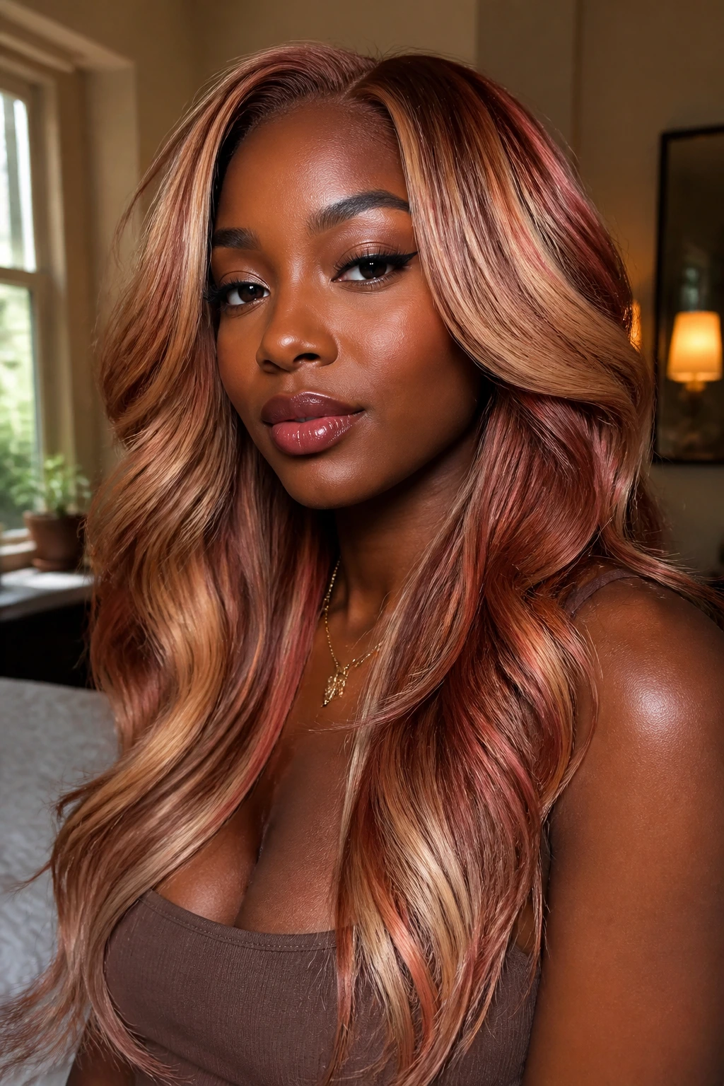 Portrait of person with multi-tonal blonde-red melt