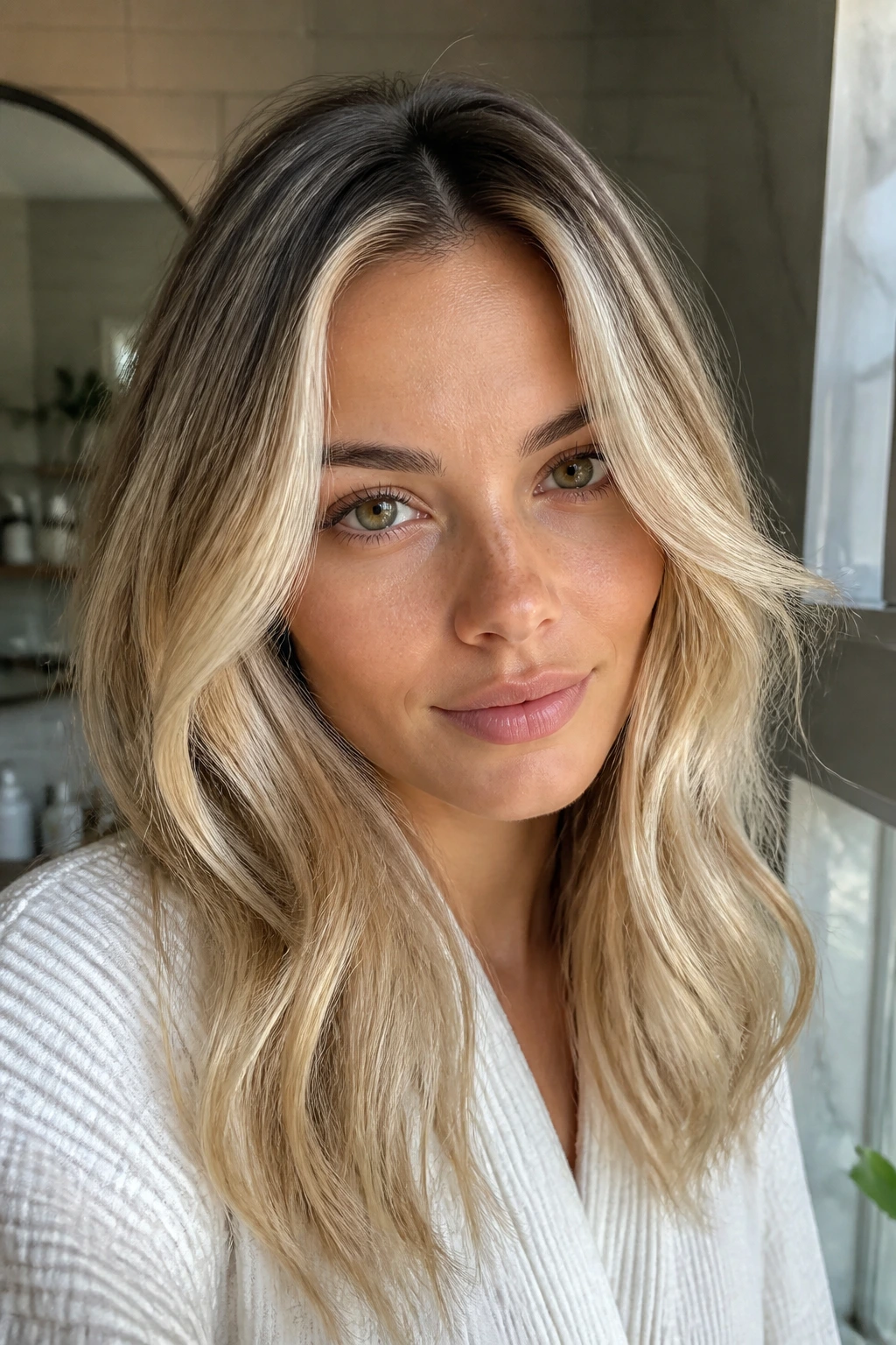 Portrait of a blonde with visible roots and natural lighting