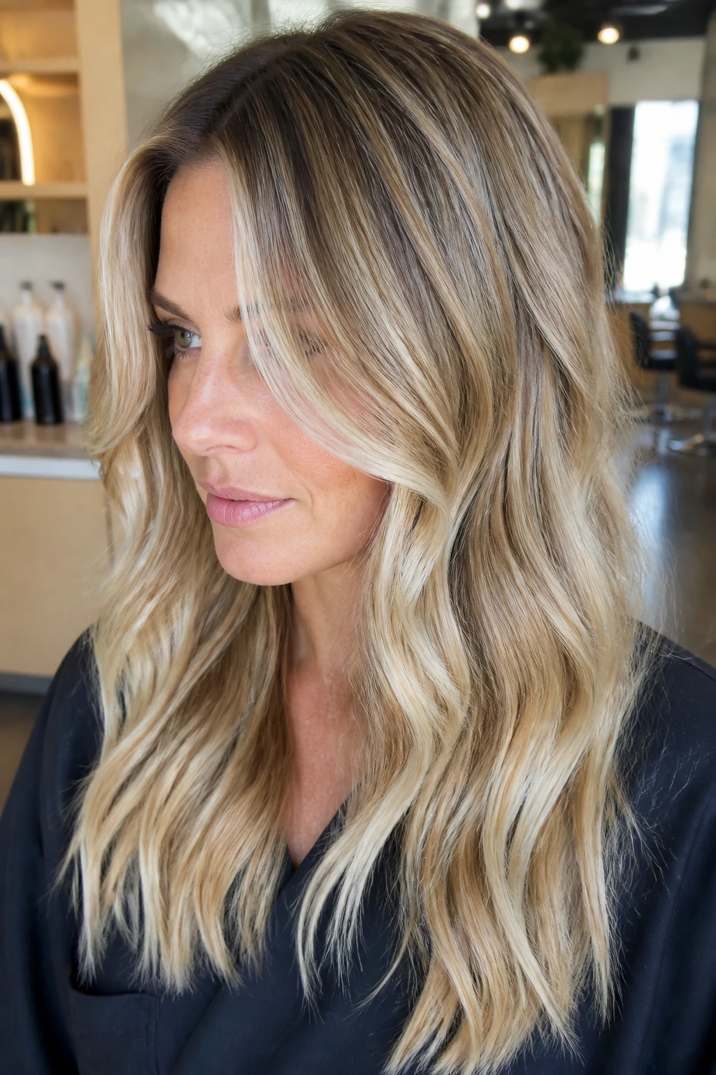 Portrait of a woman with multi-toned blonde base showing shade variety.