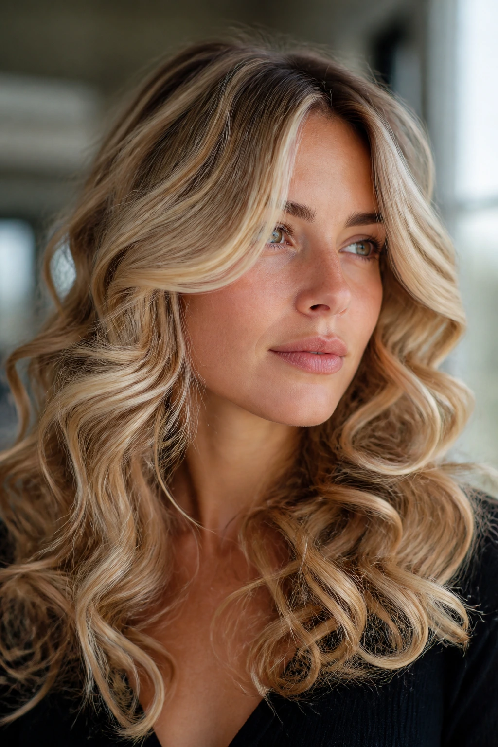 Portrait of a real woman with smart shade blonde tones framing the face