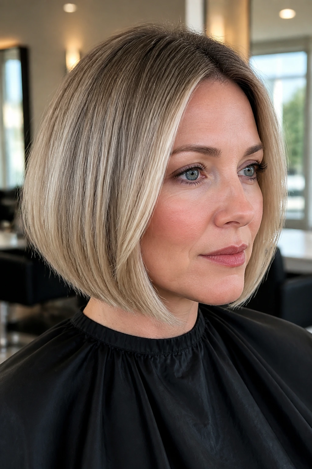 Close-up portrait of a real woman showing ash-beige blonde shade and precise cut line.