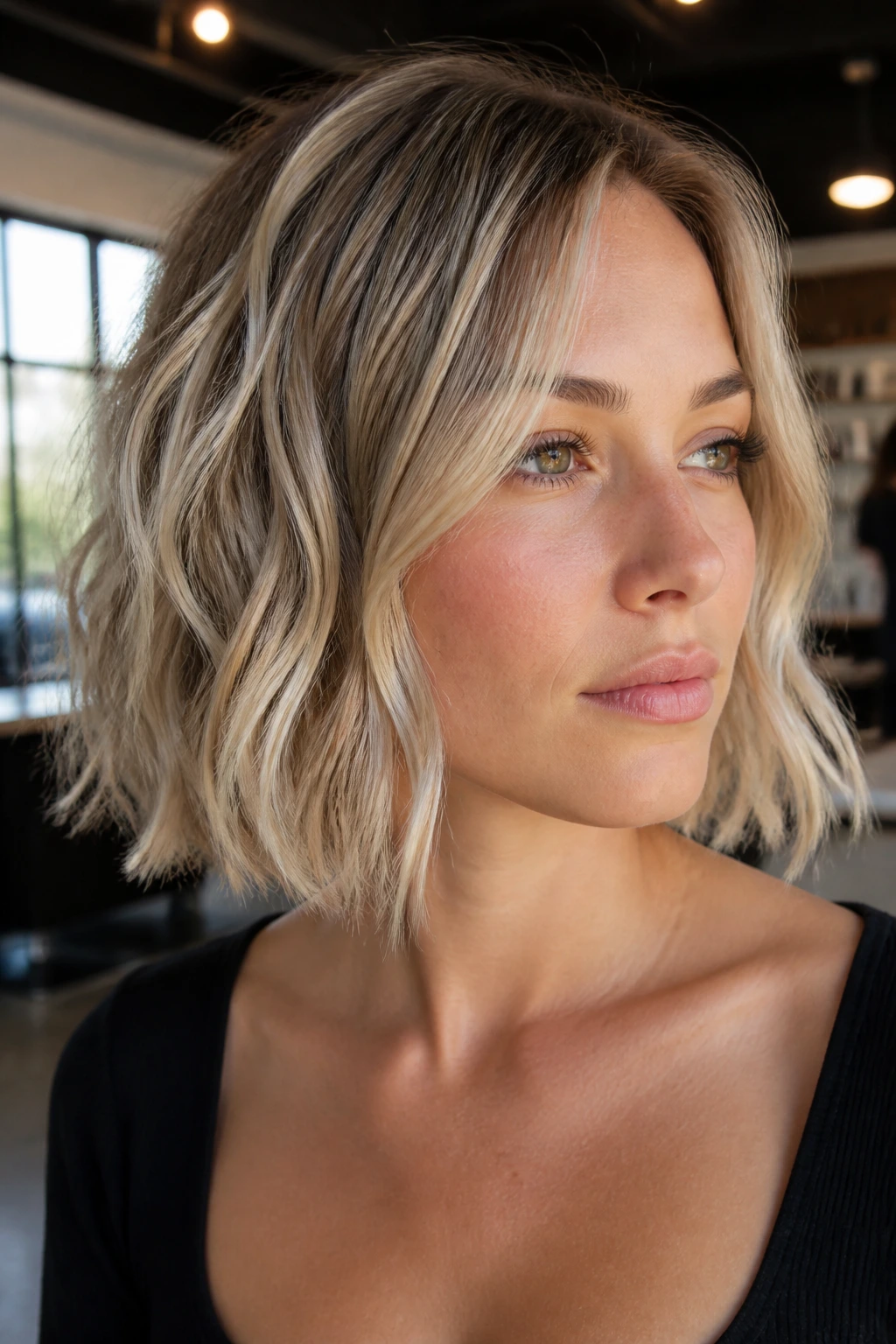 Portrait of a woman with a multi-tone blonde wavy bob showing depth and warmth