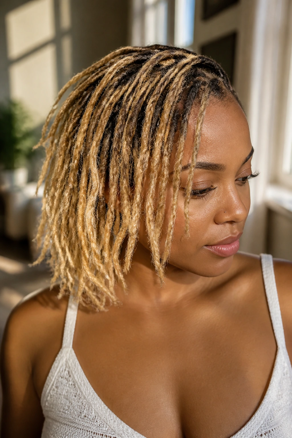 Portrait of real Black woman with multi-tone blonde locs and root shadow